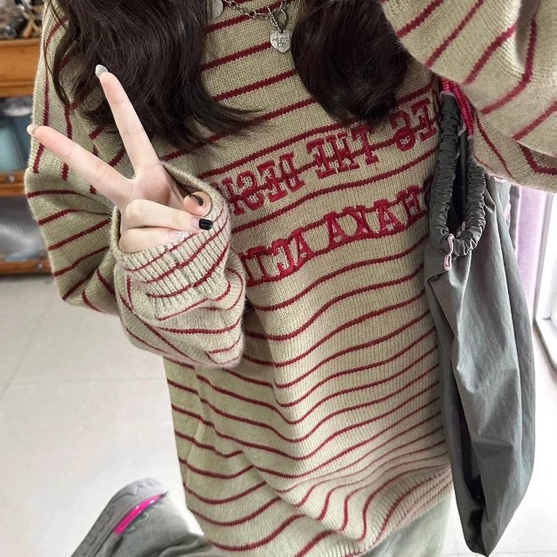 美式復古字母刺繡條紋長袖毛衣女秋冬新款寬鬆慵懶風針織上衣