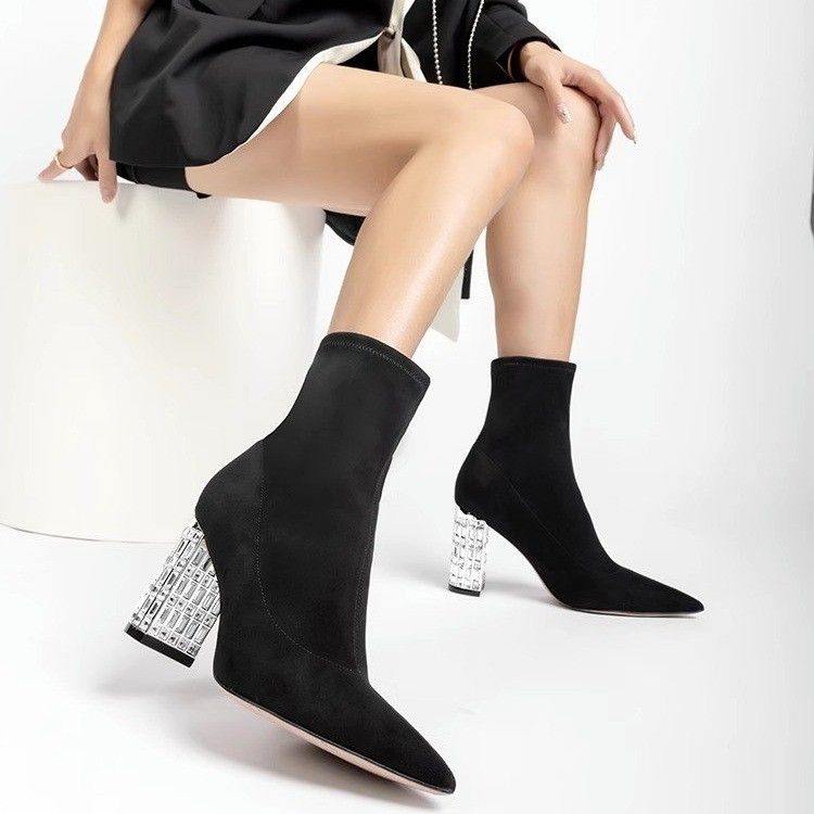 2023 New Korean Style Black Suede High Heel Stretch Short Boots Women's Autumn and Winter Plus Velvet British Style Thick Heel Pointed Toe Rhinestones