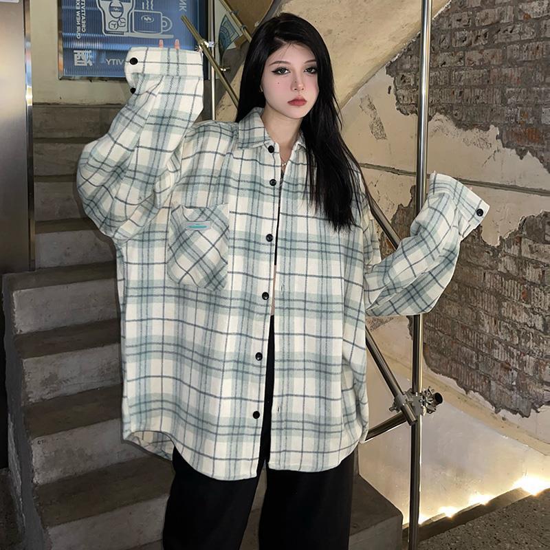 韓版潮流寬鬆大碼顯瘦格子長袖襯衫女秋冬新款美式外穿磨毛外套女