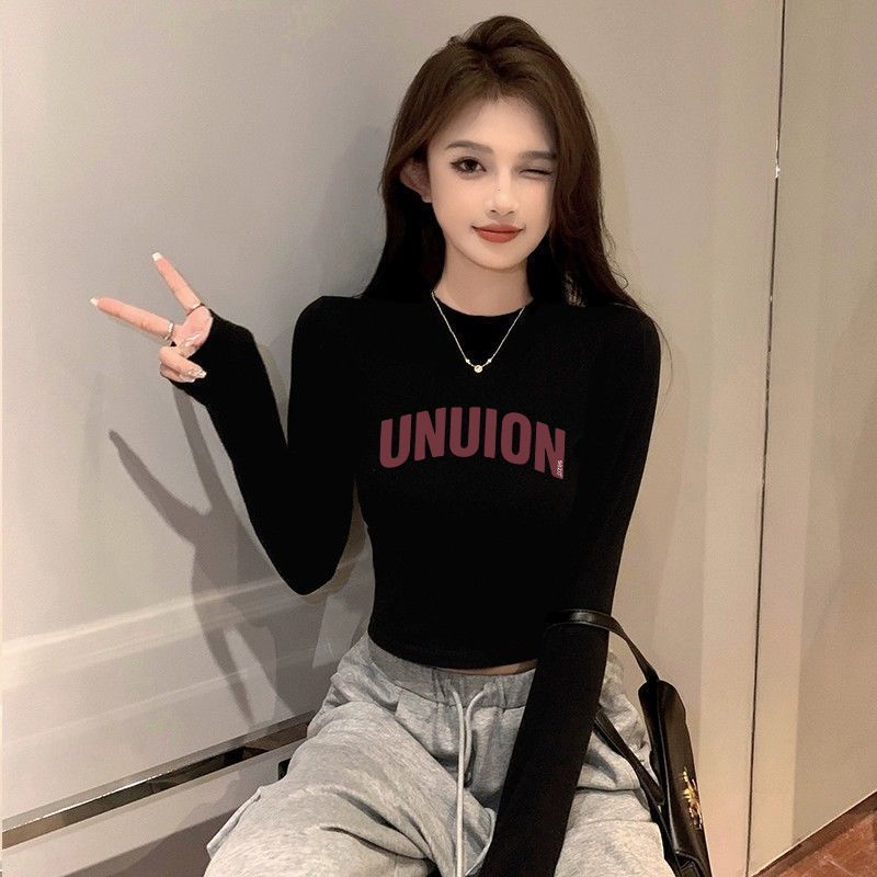 純棉黑色圓領短款打底衫女秋冬內搭露臍長袖t恤緊身中領上衣ins
