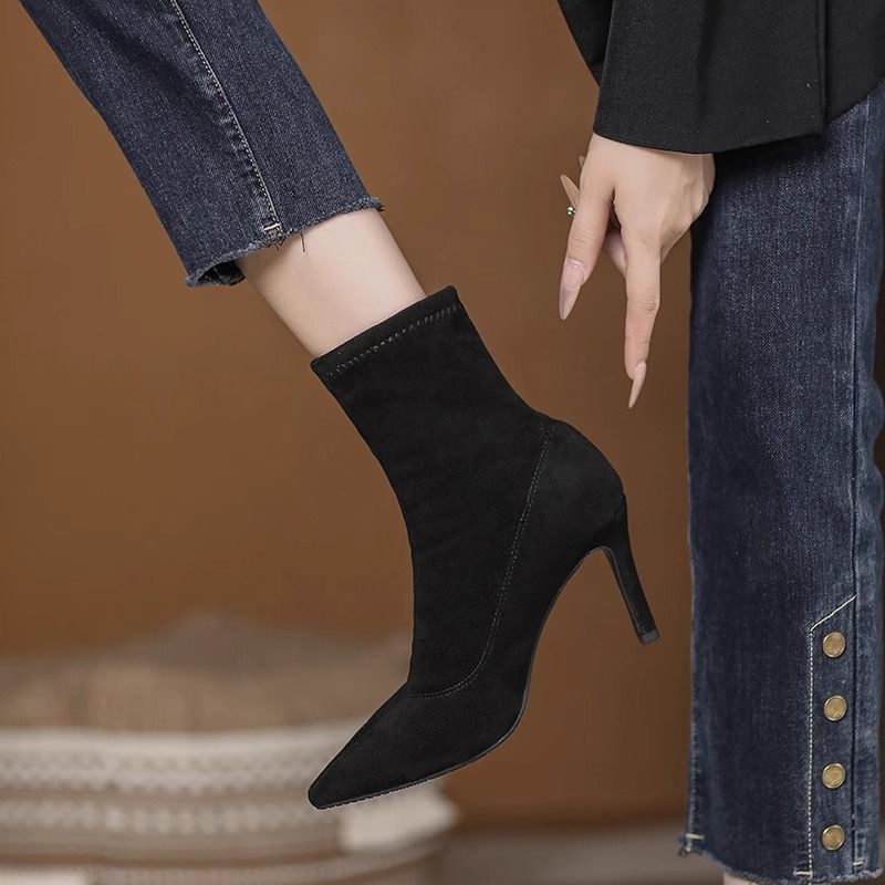 Thin boots women's high-heeled short boots spring and autumn single boots pointed toe mid-calf socks boots stiletto shoes winter elastic  new style