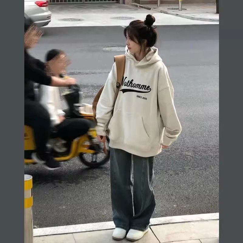 100%重磅純棉白灰色連帽衛衣女秋冬寬鬆加絨加厚小眾百搭外套上衣