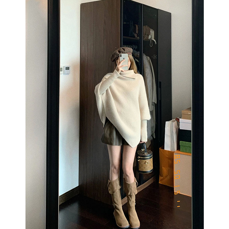 New design irregular turtleneck sweater for women autumn and winter loose soft waxy long-sleeved knitted cape top