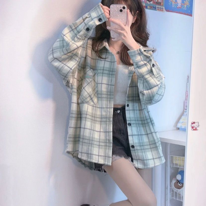 韓版時尚休閒開衫設計感長袖格子襯衫女大碼寬鬆薄荷奶綠磨毛外套