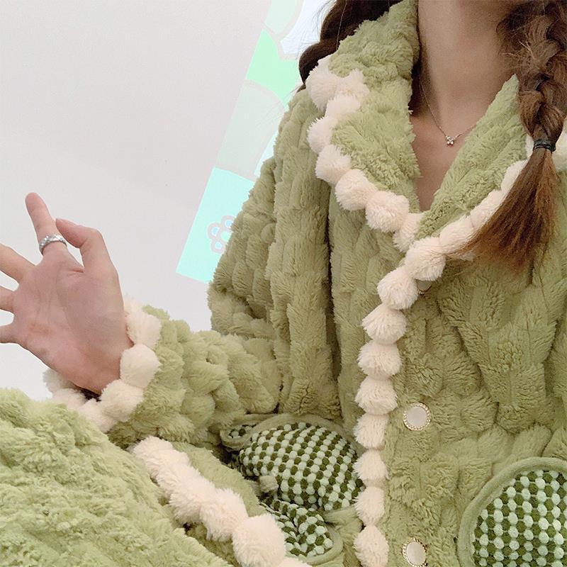 韓國小香風加厚珊瑚絨睡衣少女秋冬季新款紫花朵法蘭絨家居服套裝