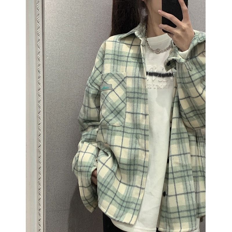 日系潮流時尚綠色磨毛長袖襯衫女純欲風寬鬆顯瘦內搭外穿格子外套