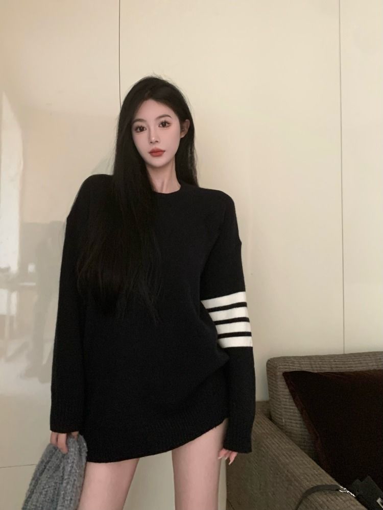 黑色毛衣女裝秋冬遮屁股新款美式中長款上衣寬鬆慵懶風針織衫