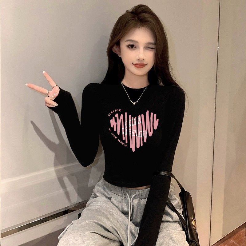 純棉黑色圓領短款打底衫女秋冬內搭露臍長袖t恤緊身中領上衣ins
