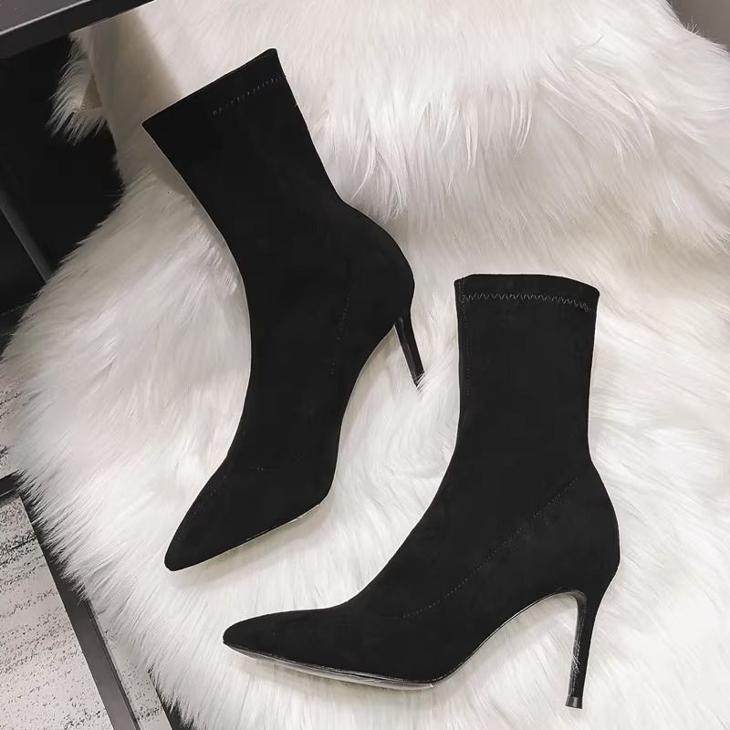 Slim boots for women with high heels  new pointed toe slim stretch socks boots suede short boots for women spring and autumn single boots for women