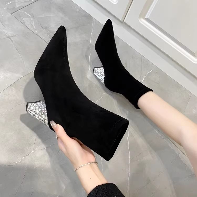 Sexy frosted thick heel short boots for women  autumn and winter banquet with dress rhinestone high heel boots pointed toe slim boots