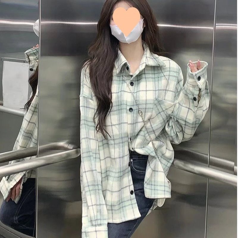 秋冬新款ins風長袖格子襯衫女日系設計感內搭外穿大碼磨毛外套