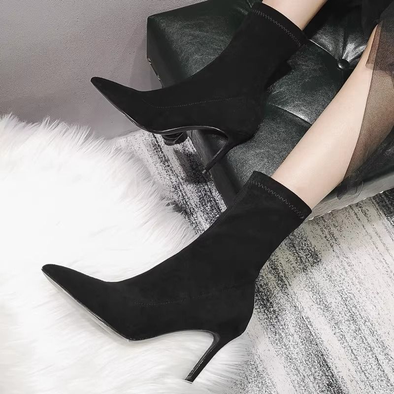 Slim boots for women with high heels  new pointed toe slim stretch socks boots suede short boots for women spring and autumn single boots for women