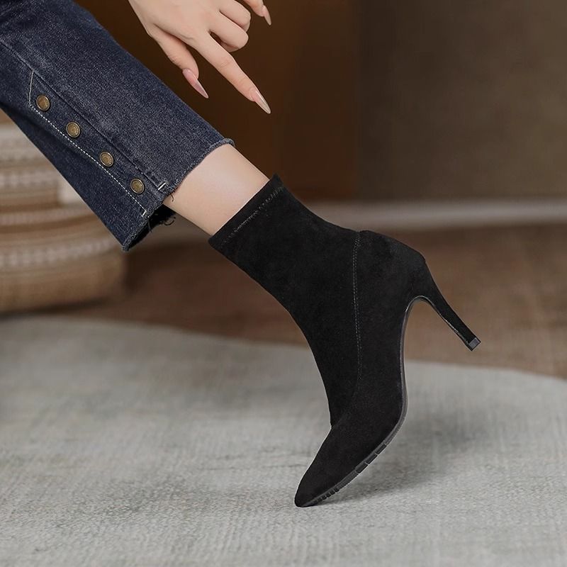 Thin boots women's high-heeled short boots spring and autumn single boots pointed toe mid-calf socks boots stiletto shoes winter elastic  new style