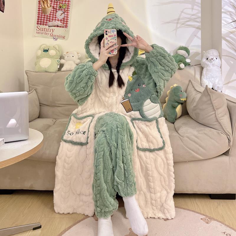 小恐龍睡衣秋冬季女款珊瑚絨加厚可愛睡袍ins學生家居服加絨套裝