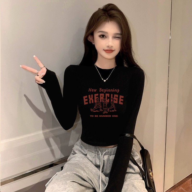 純棉黑色圓領短款打底衫女秋冬內搭露臍長袖t恤緊身中領上衣ins