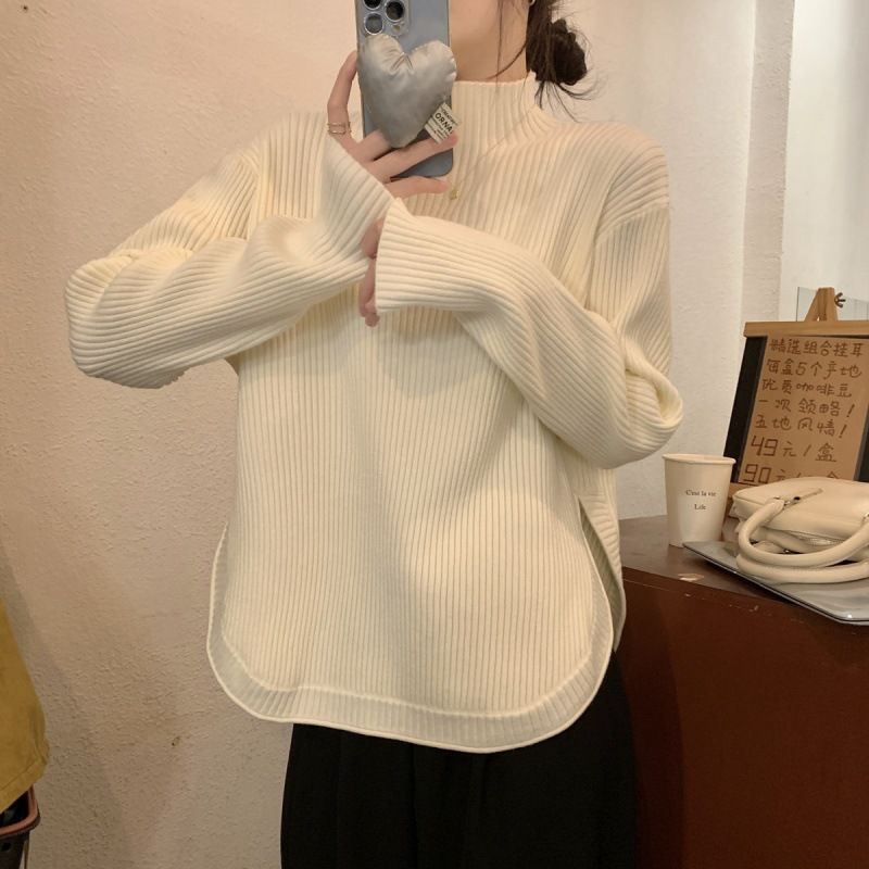 慵懶風寬鬆套頭毛衣女半高領內搭設計感軟糯坑條純色針織打底衫女