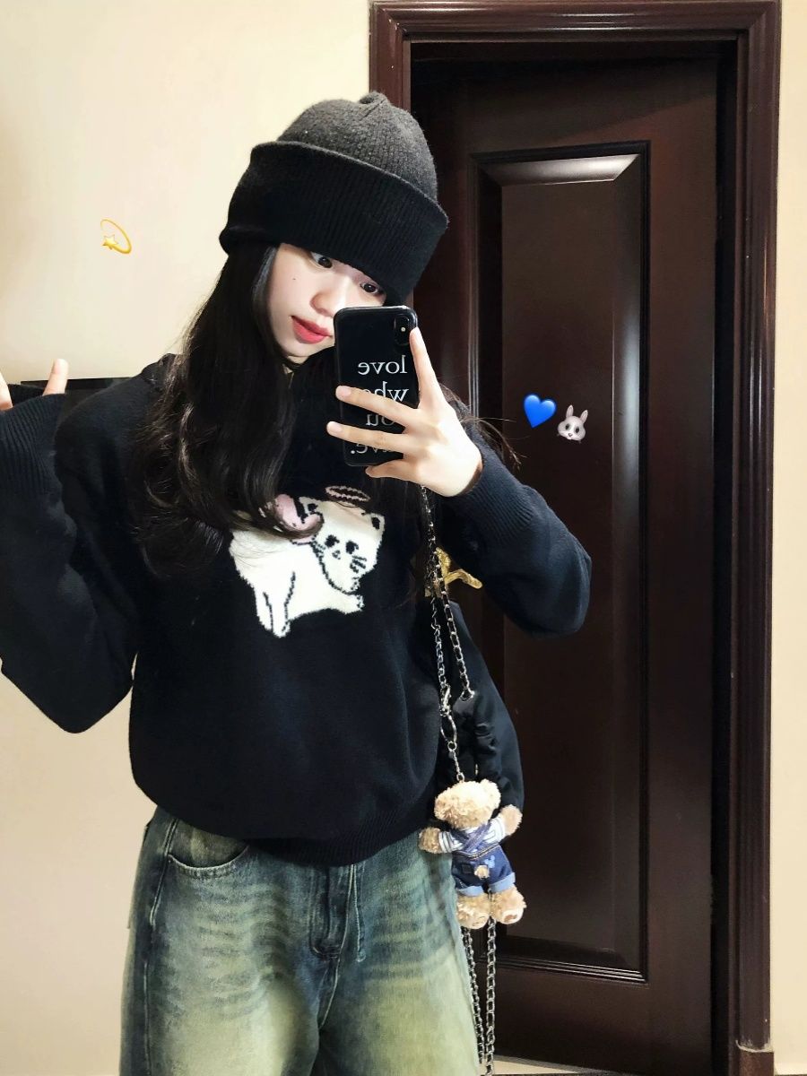 卡通貓咪短款寬鬆毛衣女秋冬季新款慵懶風別致圓領長袖針織衫