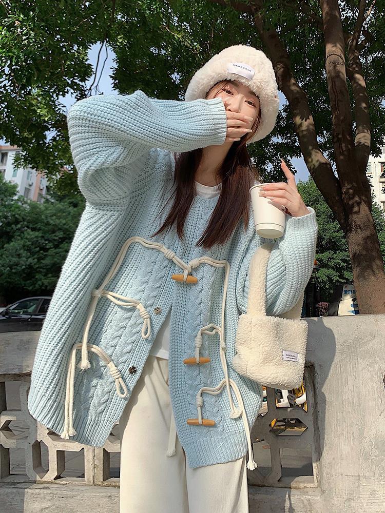 韓系甜美慵懶風軟糯毛衣外套女秋牛角扣新款外搭針織衫開衫高級感