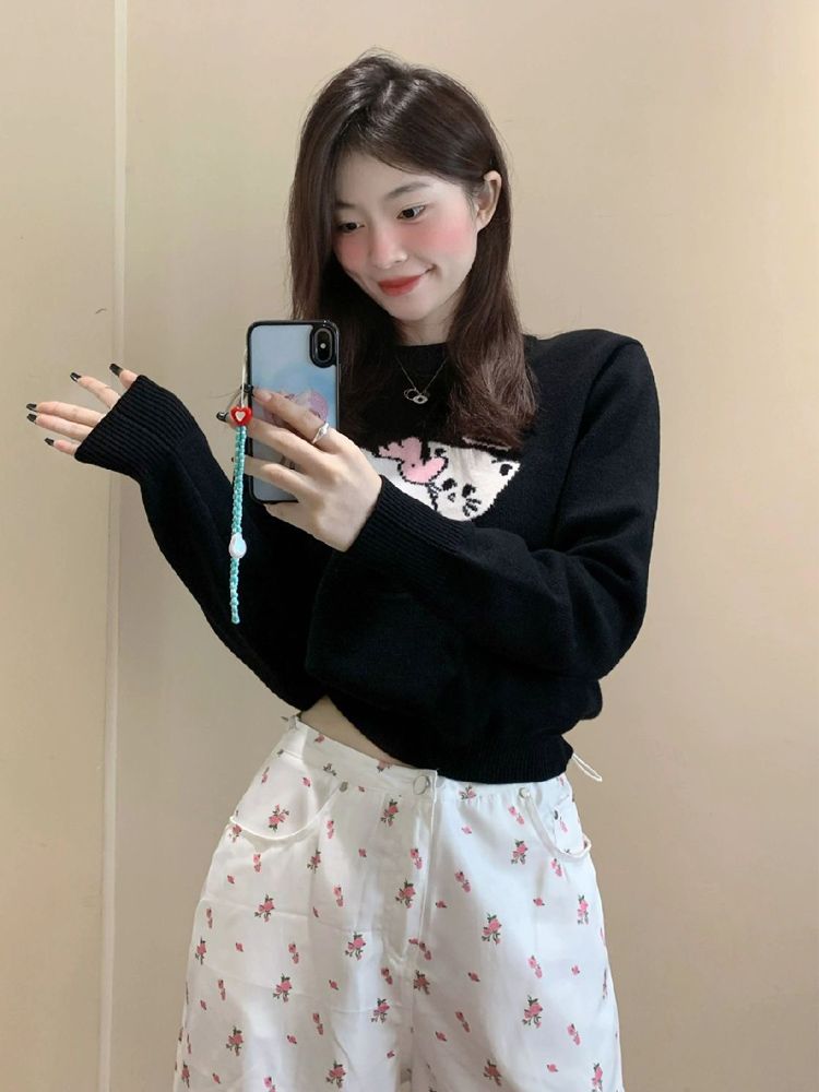 卡通翹屁股小貓寬鬆短款黑色毛衣女秋冬寬鬆慵懶風基礎百搭針織衫