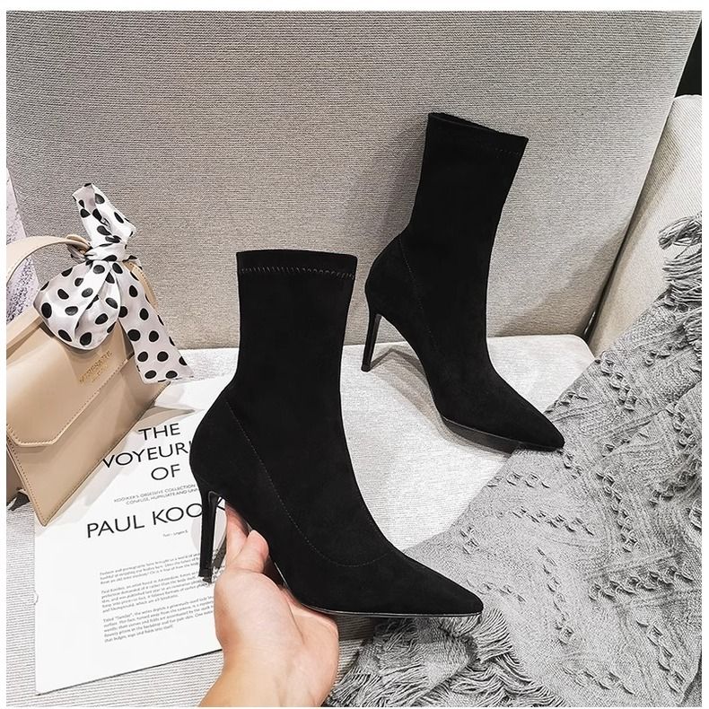 Slim boots for women with high heels  new pointed toe slim stretch socks boots suede short boots for women spring and autumn single boots for women