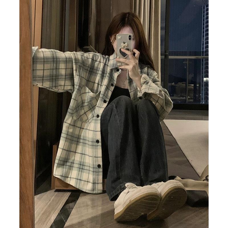 設計感休閒長袖格子襯衫女秋冬新款寬鬆復古襯衣大碼寬鬆磨毛外套