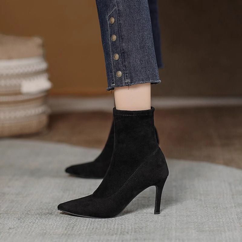 Thin boots women's high-heeled short boots spring and autumn single boots pointed toe mid-calf socks boots stiletto shoes winter elastic  new style