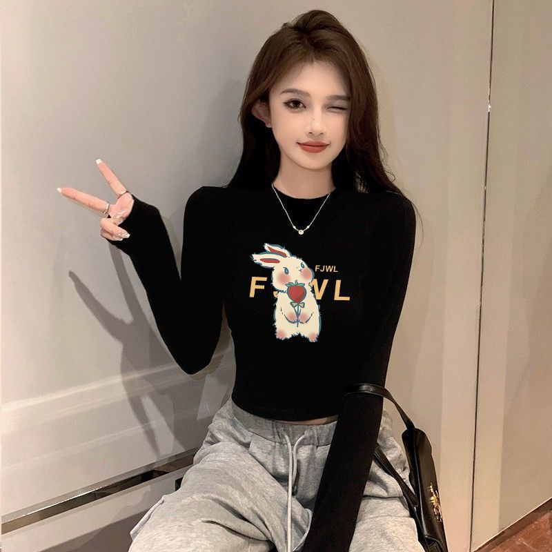 純棉黑色圓領短款打底衫女秋冬內搭露臍長袖t恤緊身中領上衣ins