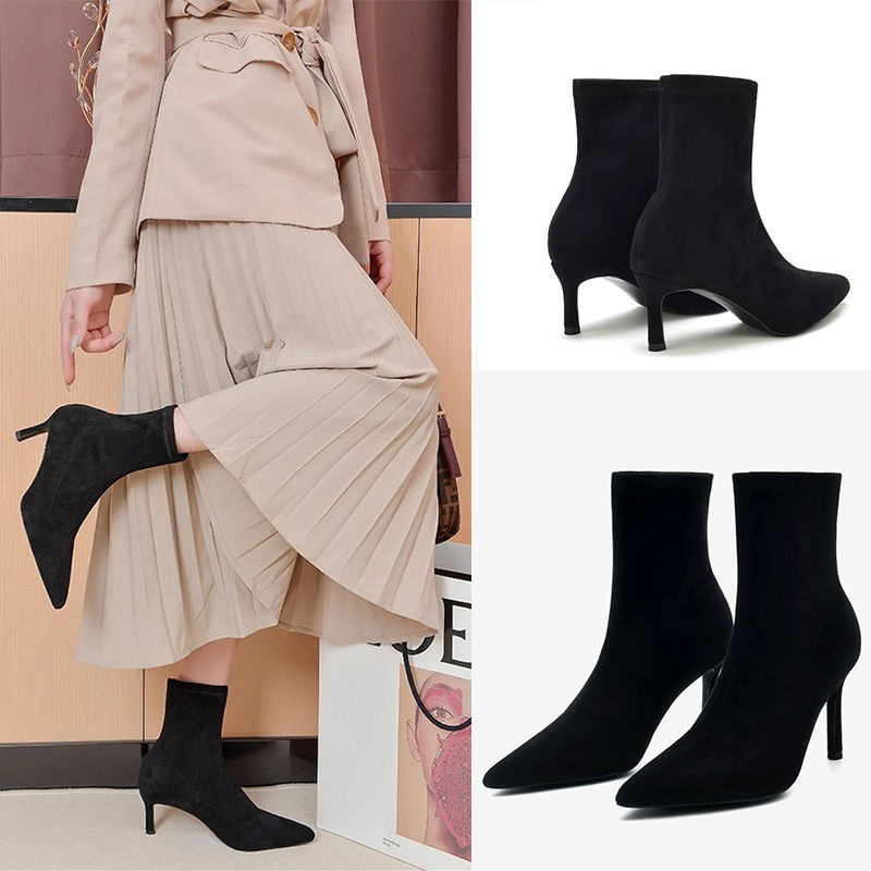 Black autumn and winter pointed toe stiletto short boots, feminine slimming high-heeled elastic boots, fashionable slip-on short-tube slim boots