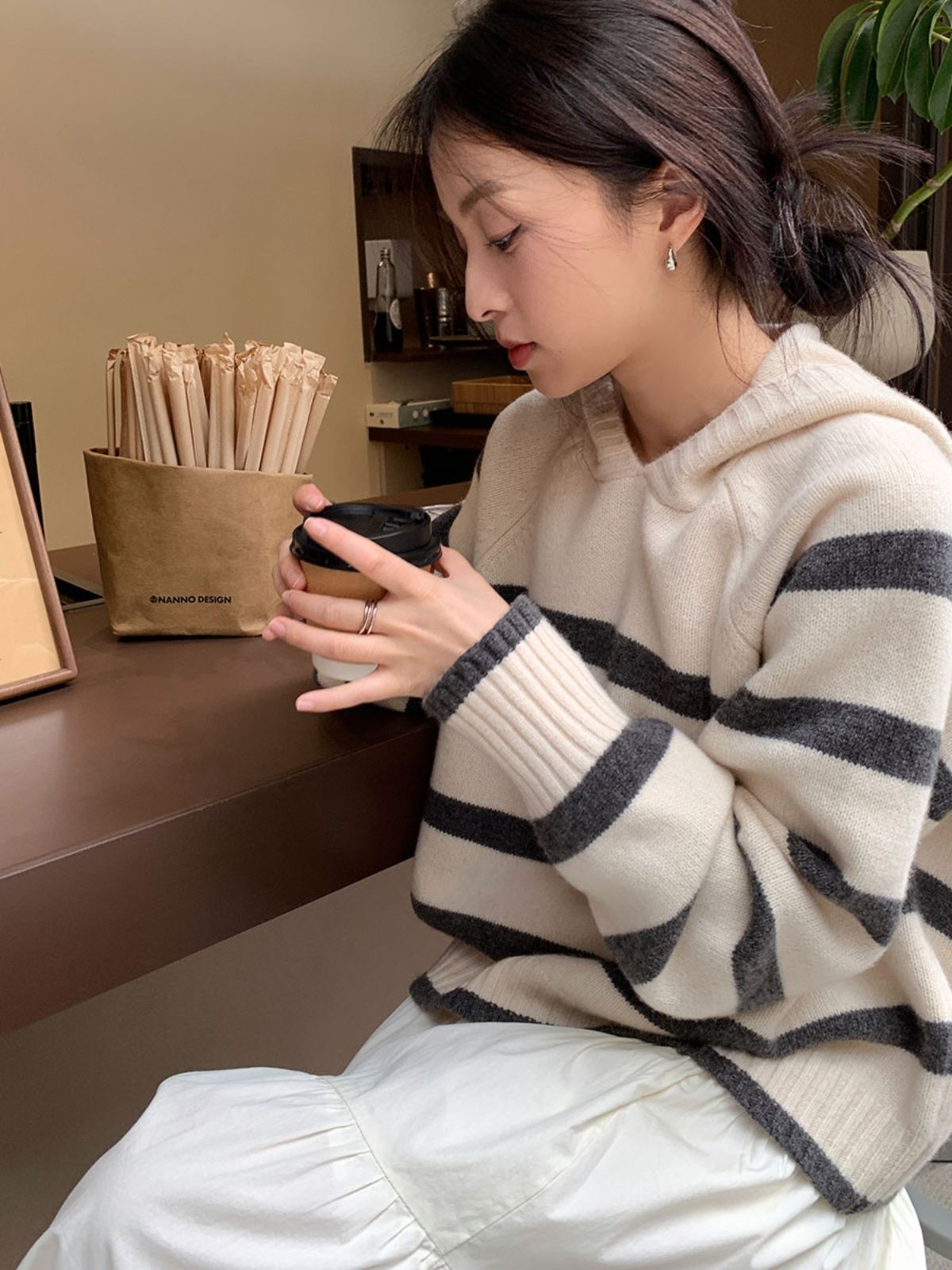 新款寬鬆韓系連帽條紋軟糯針織衫套頭毛衣女秋冬內搭線衣學院風