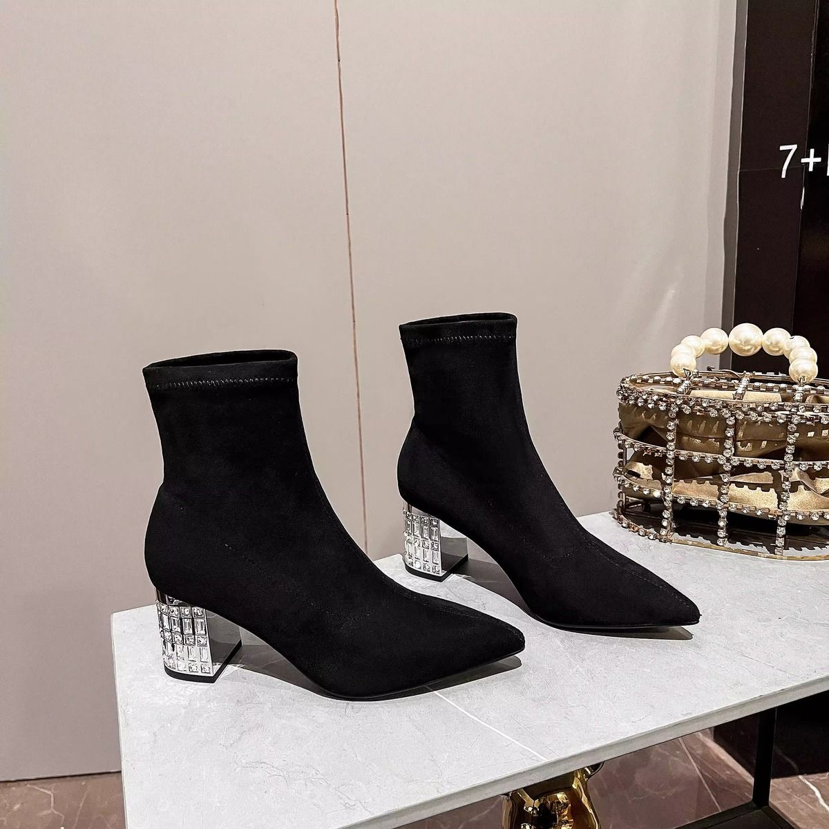 Black Suede Short Boots Women's High Heels 2023 Autumn New Rhinestone Thick Heel Slim Boots Fashion Pointed Toe Stretch Sock Boots