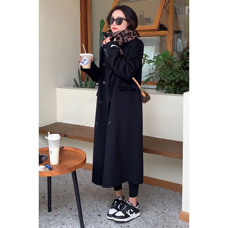 Black double-sided cashmere coat women's mid-length spring, autumn and winter new small suit thick woolen coat