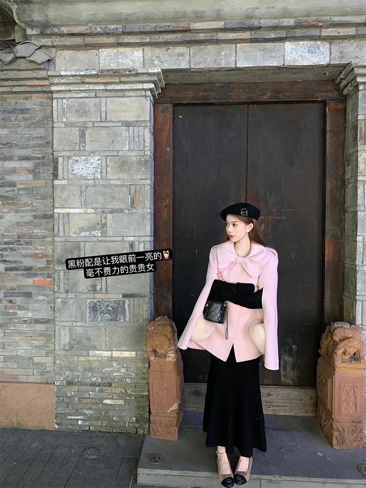  autumn and winter new style this year's popular rich daughter Xiaoxiang style pink temperament high-end bow coat for women