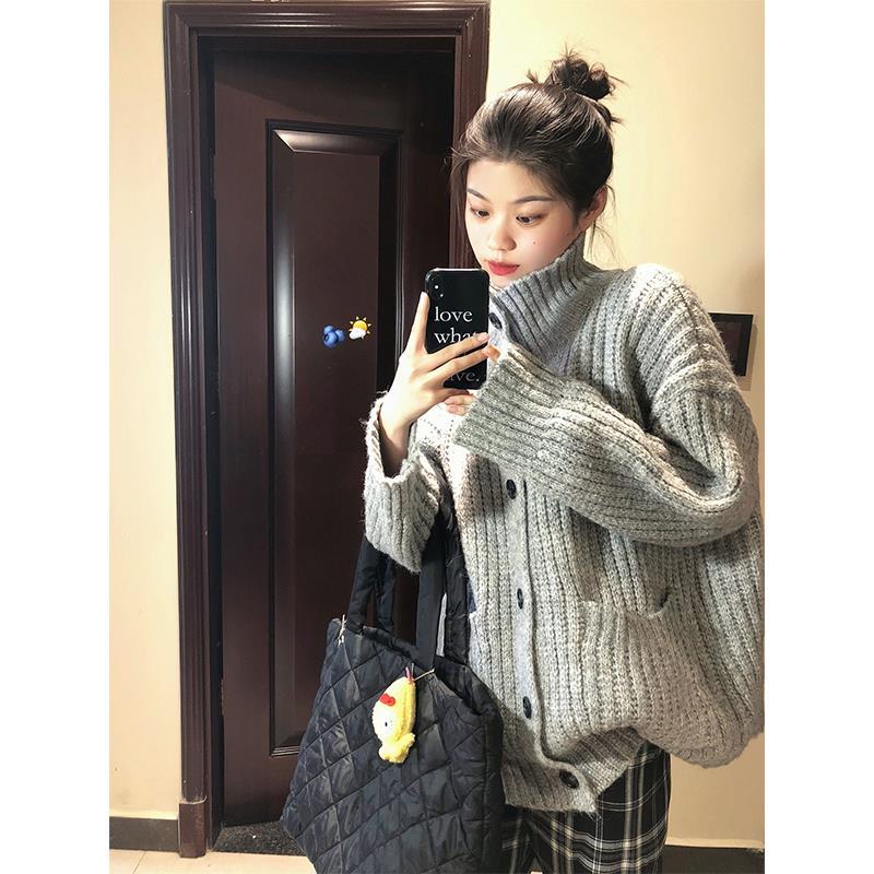 慵懶風休閒寬鬆高領毛衣外套秋季設計感洋氣百搭顯瘦針織開衫女裝