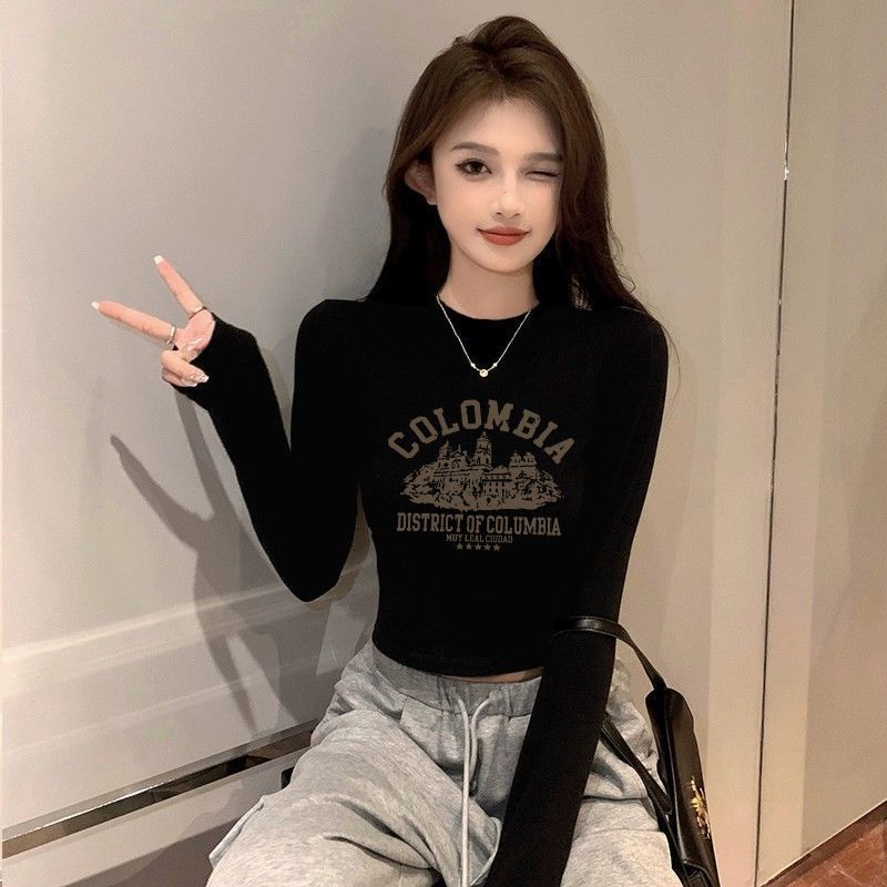 純棉黑色圓領短款打底衫女秋冬內搭露臍長袖t恤緊身中領上衣ins