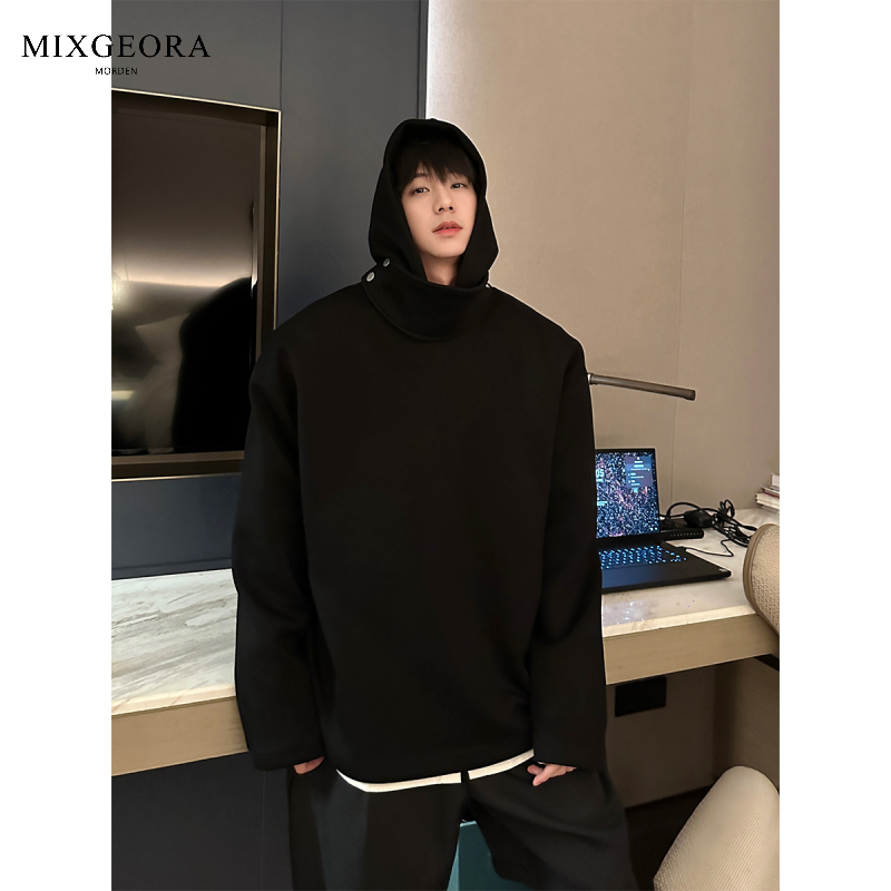 MIX GEORA advanced design stand collar space cotton hooded sweatshirt men's solid color loose and versatile casual top