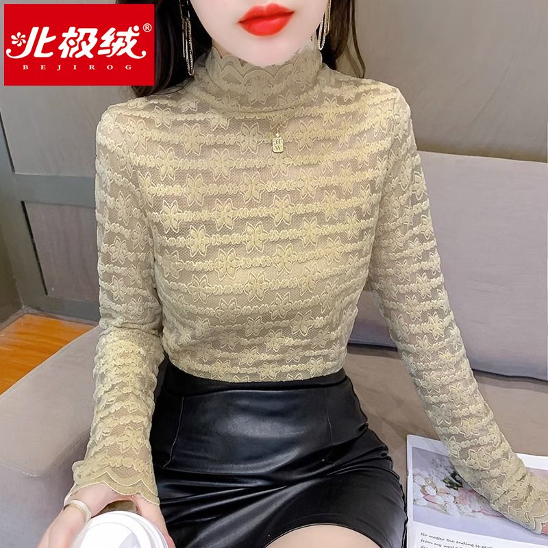 秋冬季半高領蕾絲新款打底衫女秋冬顯瘦內搭小衫長袖鈎花網紗上衣