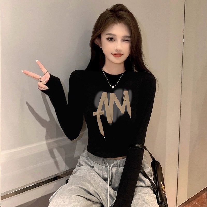 純棉黑色圓領短款打底衫女秋冬內搭露臍長袖t恤緊身中領上衣ins