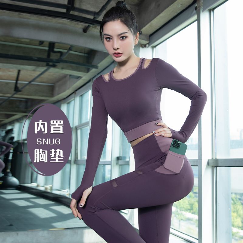 Contrast color hollow yoga clothes for women, tight-fitting and slimming, long-sleeved tops with cushions, fashionable running sports niche fitness clothes