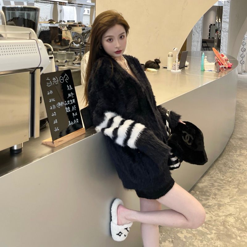New black mink velvet sweater cardigan mid-length women's autumn and winter lazy style loose v-neck knitted jacket