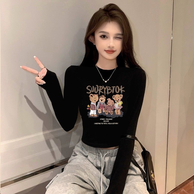 純棉黑色圓領短款打底衫女秋冬內搭露臍長袖t恤緊身中領上衣ins