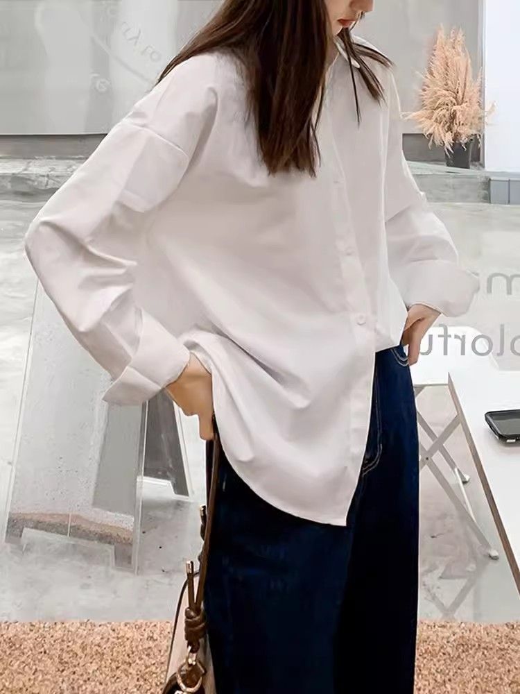 日系時尚簡約純色純棉長袖襯衫女小眾大碼女裝顯瘦胖MM休閒上衣潮