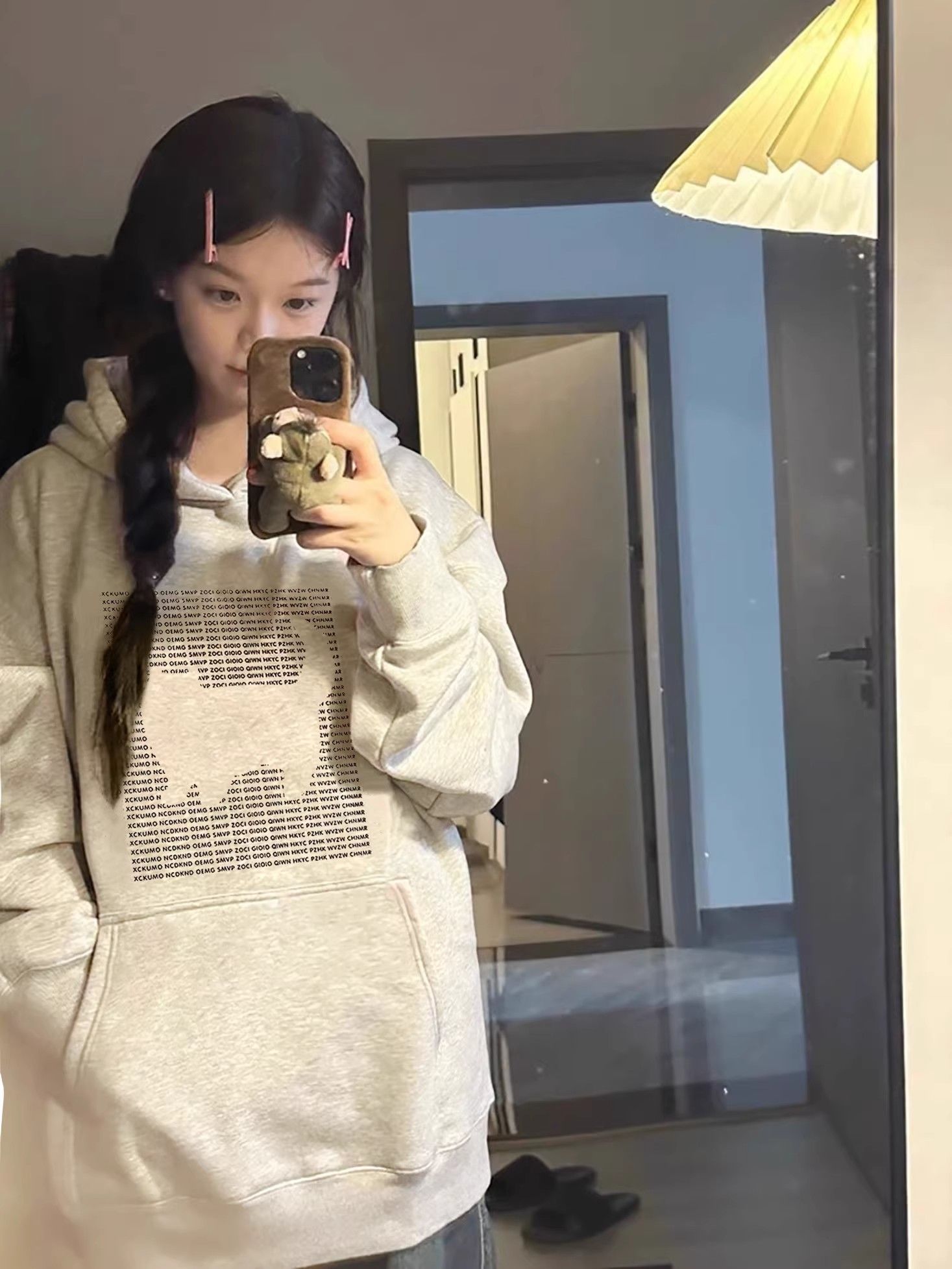100%重磅純棉美式復古加絨加厚衛衣女秋冬白灰色連帽寬鬆外套上衣