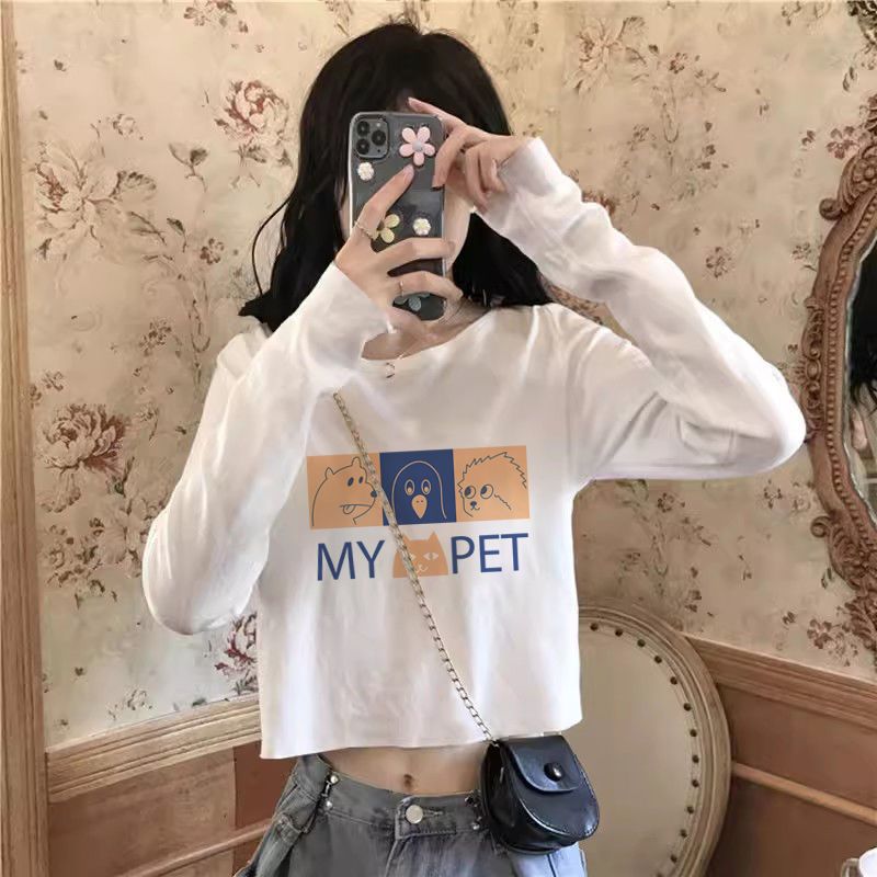 早秋甜辣妹純棉印花長袖t恤女ins正肩寬鬆顯瘦短款內搭上衣打底衫