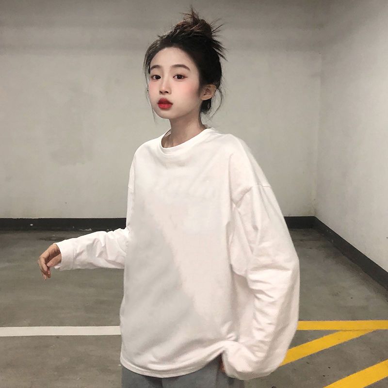 100%純棉白色t恤女長袖圓領寬鬆純棉打底衫韓版2023年早秋上衣薄