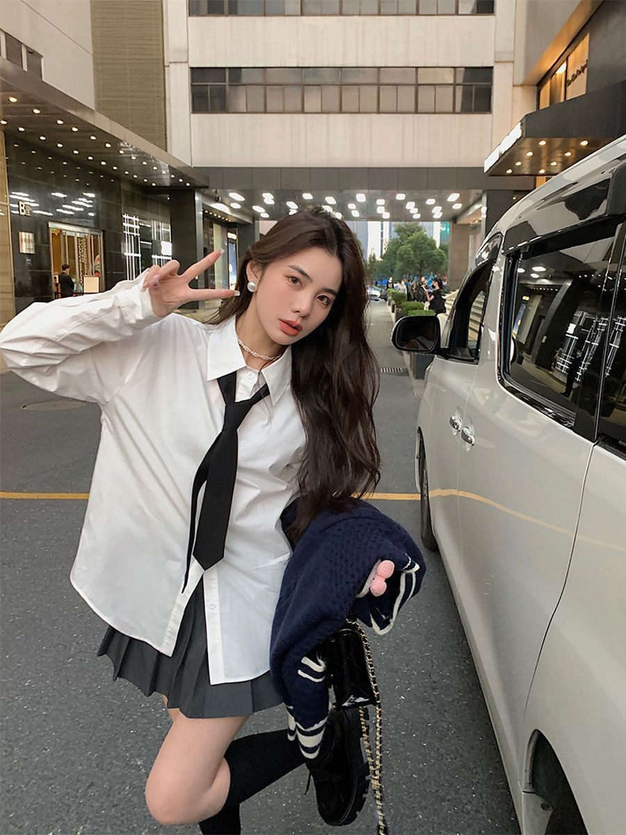 美式時尚簡約純棉長袖襯衫外套女寬鬆內搭外穿胖MM遮肉大碼上衣女