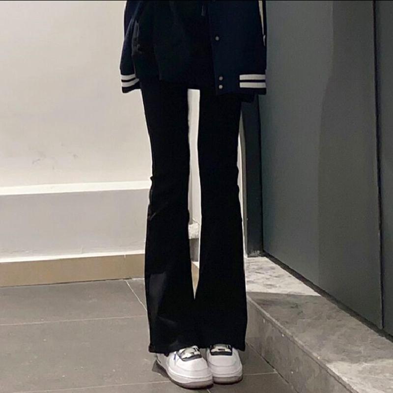 微喇叭牛仔褲女秋冬新款加絨高腰顯瘦百搭黑色小個子直筒闊腿褲子