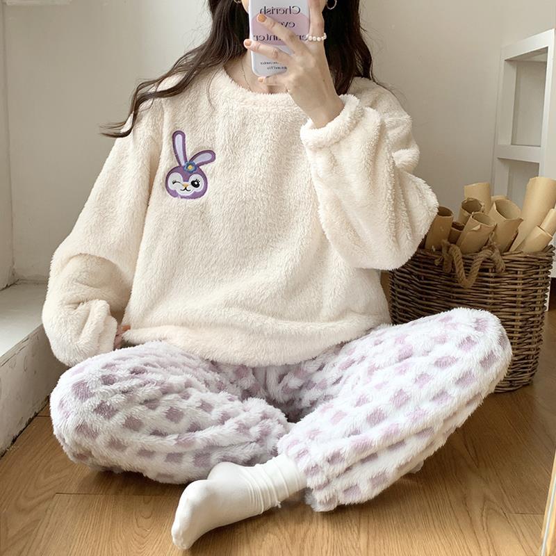 珊瑚絨睡衣女士秋冬季法蘭絨加厚圓領套頭休閒韓版格子家居服套裝
