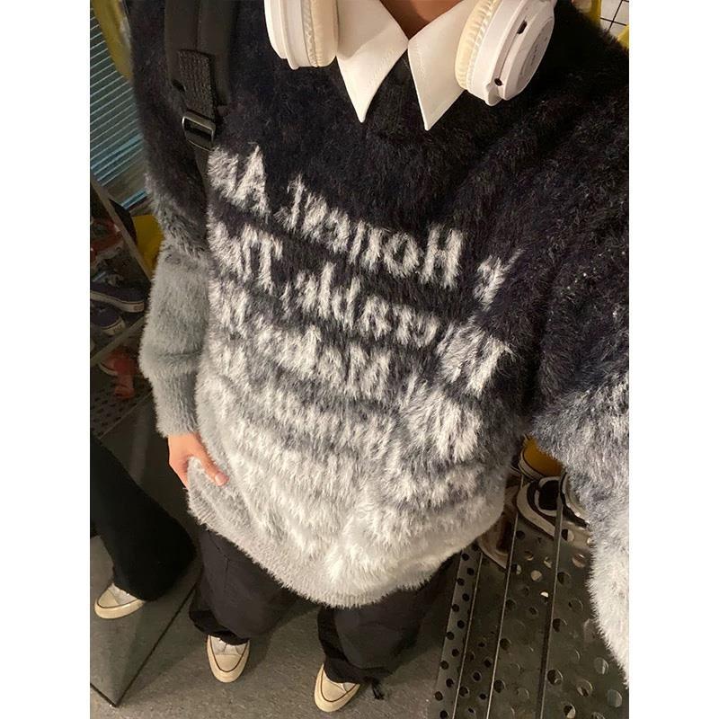 美式復古仿貂絨毛衣男女冬季慵懶古着vintage中古扎染漸變針織衫