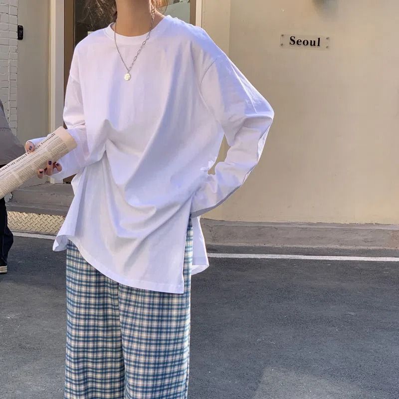 100%純棉兩側開叉長袖t恤女秋季新款寬鬆百搭ins打底衫氣質上衣潮