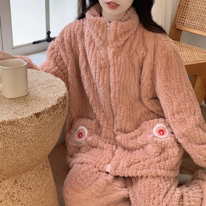 珊瑚絨睡衣女冬季2023年冬天保暖拉鏈款加絨加厚法蘭絨毛絨家居服
